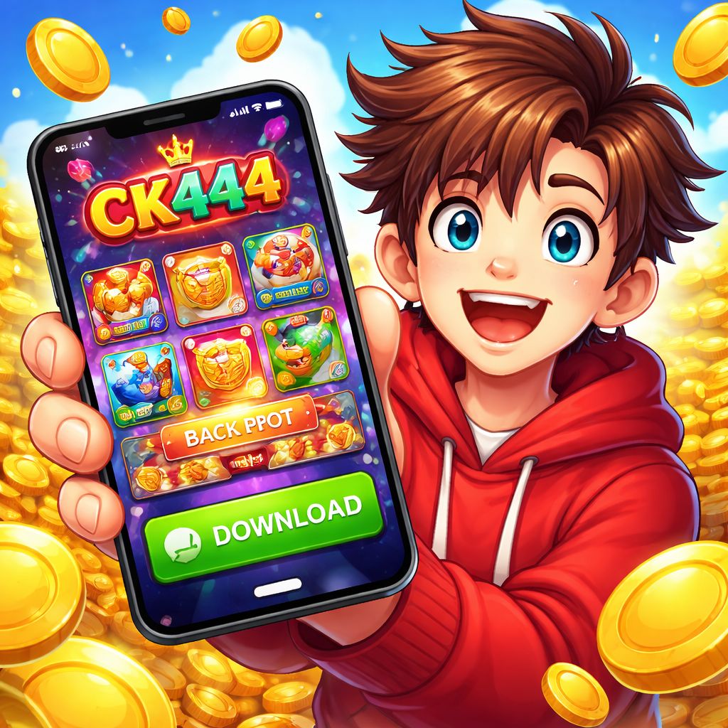 CK444 app themed cartoon character using a smartphone with coins and gaming elements