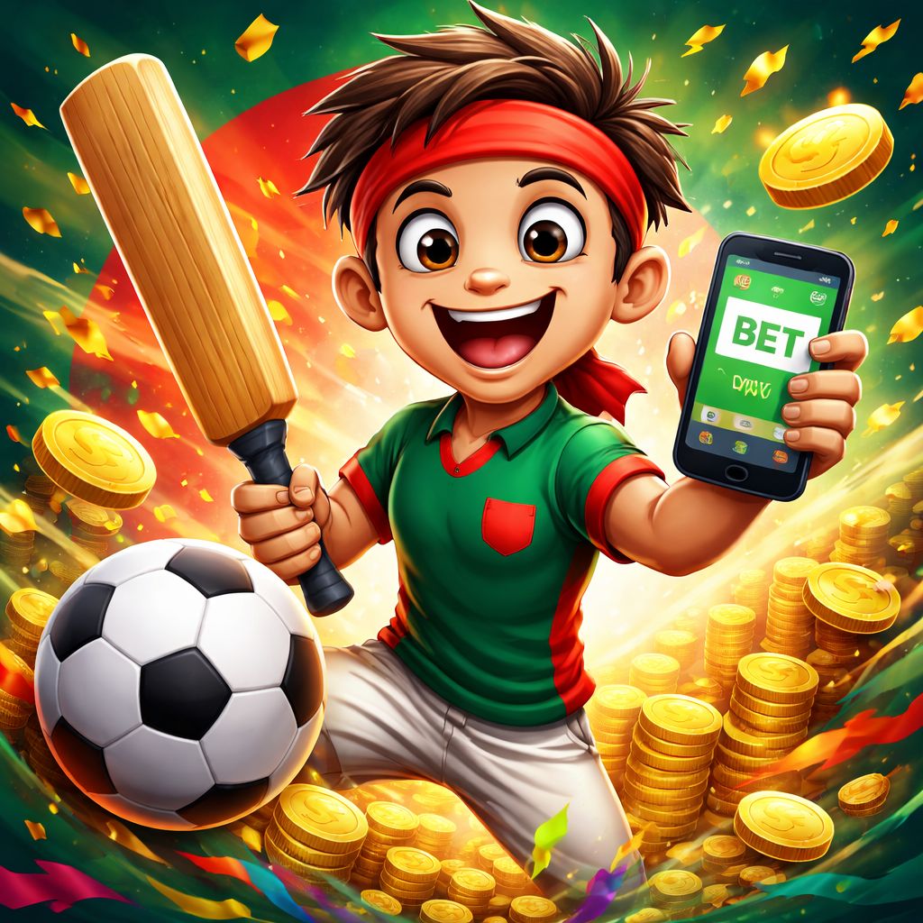 CK444 themed cartoon betting character with sports icons and coins