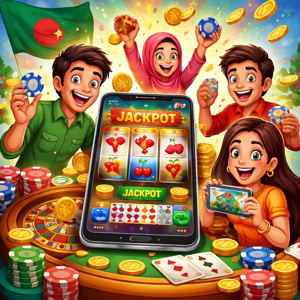 CK444 casino-style cartoon characters with chips, coins, and mobile gaming elements