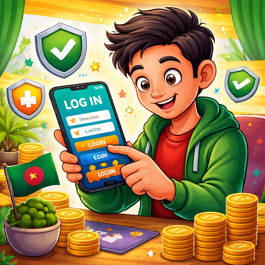 CK444 themed cartoon character using a mobile phone to log in with coins and secure symbols