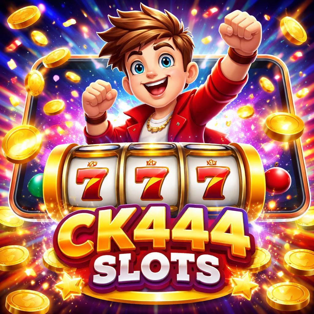 CK444 slot-themed cartoon characters with reels, coins, and bright casino lights